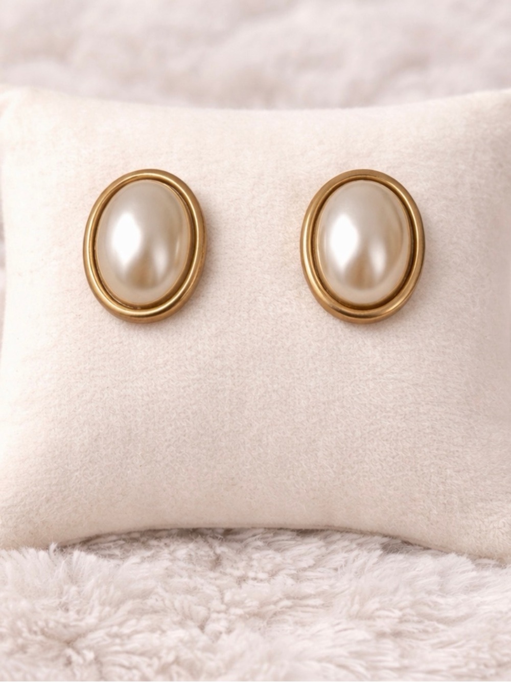 Napier Vintage Gold Tone Faux Pearl Oval Stud Earrings Classic